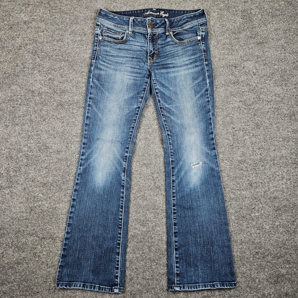 American Eagle Original Boot Jeans Women 8 Stretch Distressed Low Rise Dark Wash